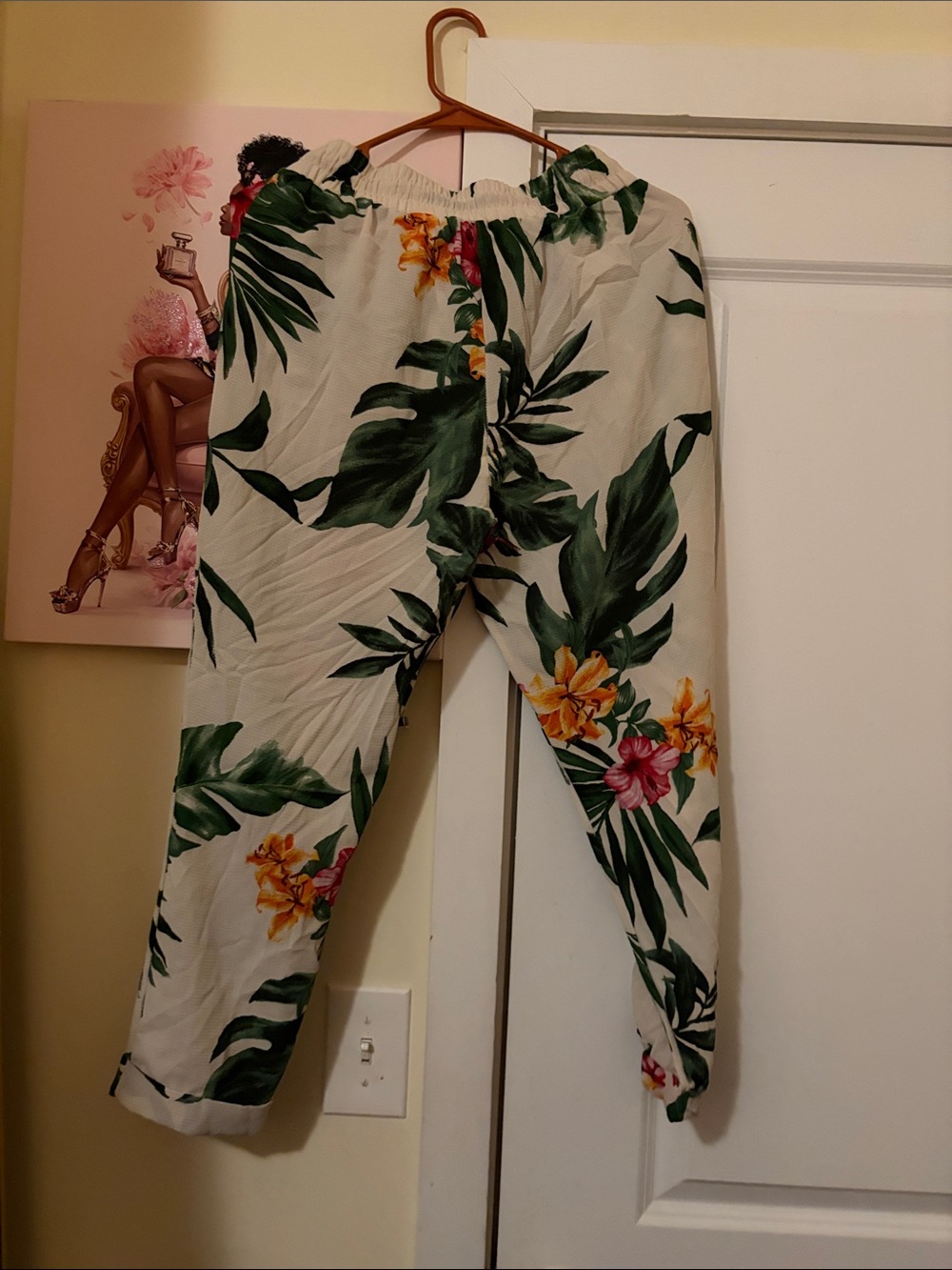 Tropical Floral Elastic-Waist women  Pants - Cream with Green & Yellow